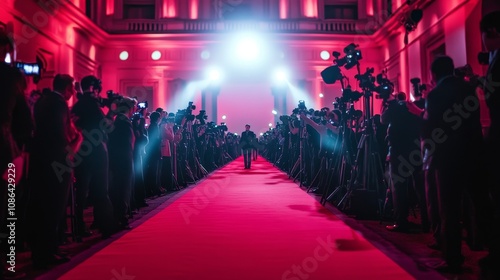 A glamorous event with photographers capturing a figure walking down a red carpet in dramatic lighting.
