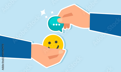 Two hands hold a chat dialog and others hold a smiling emoticon, intending to exchange, illustration of gaining positive engagement for performance in a business concept presentation