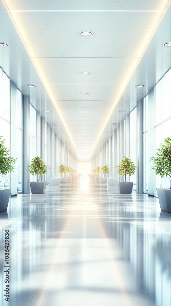 A bright, modern corridor lined with potted plants and large window, creating a serene atmosphere. A bright, modern corridor lined with potted plants and large window, creating a serene atmosphere.