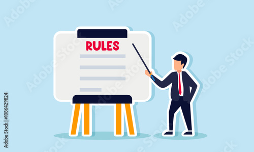 A businessman stands beside a rules board, holding a stick and explaining the rules, illustration of presenting business rules to investors