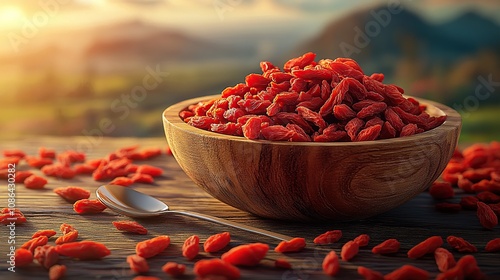 A wooden bowl of dried goji berries, scattered around some red fruits on the table, blurred background, warm tones