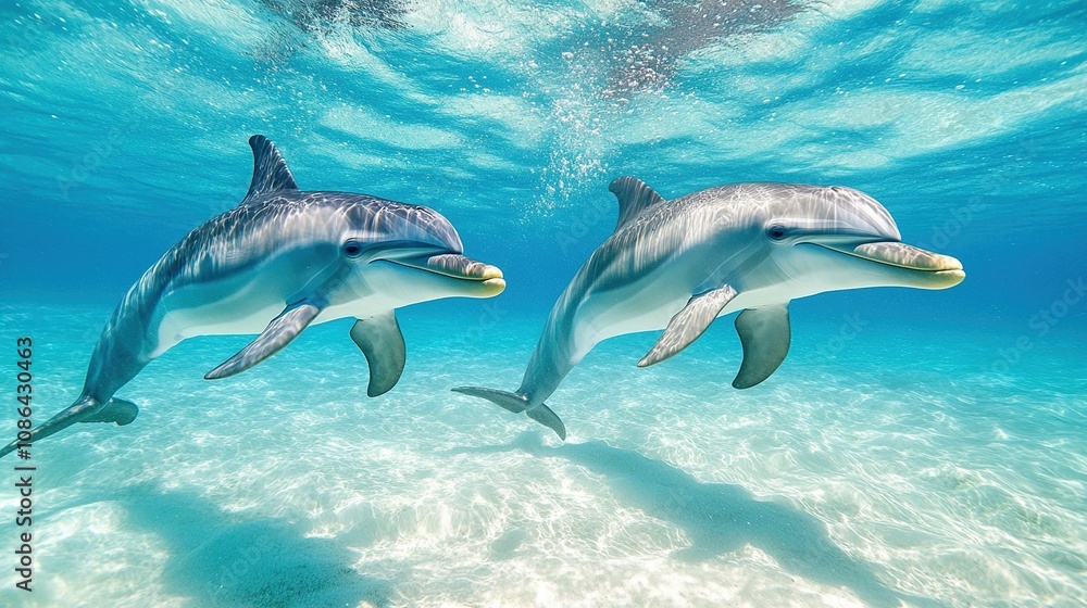 Obraz premium Two dolphins swimming gracefully underwater in a clear, blue ocean.