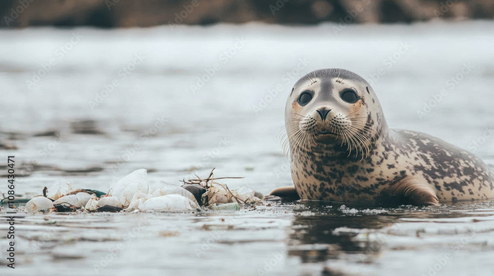 Fototapeta premium Plastic Pollution Microplastics Wildlife Concept. A curious seal swimming in calm waters, showcasing its unique features and playful nature.