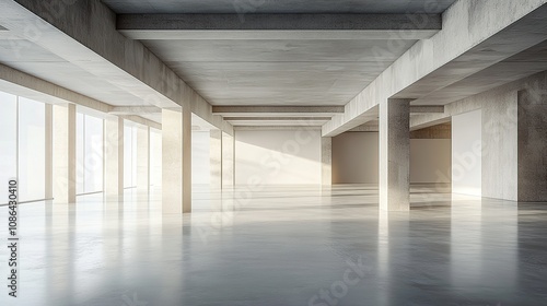 A wide-angle shot of an empty, minimalist concrete room with a polished floor and white walls