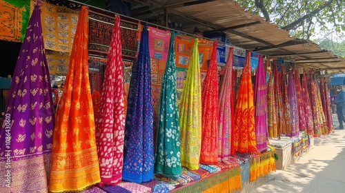 A festive display of colorful phulkari shawls and scarves at a Lohri market, showcasing the vibrant colors and traditional designs that add beauty to the celebration photo