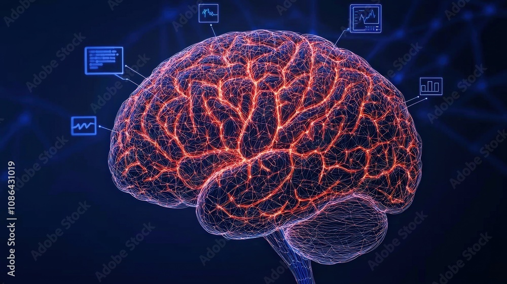 Obraz premium Illuminated Brain Network Digital Neuroscience AI Data Analysis