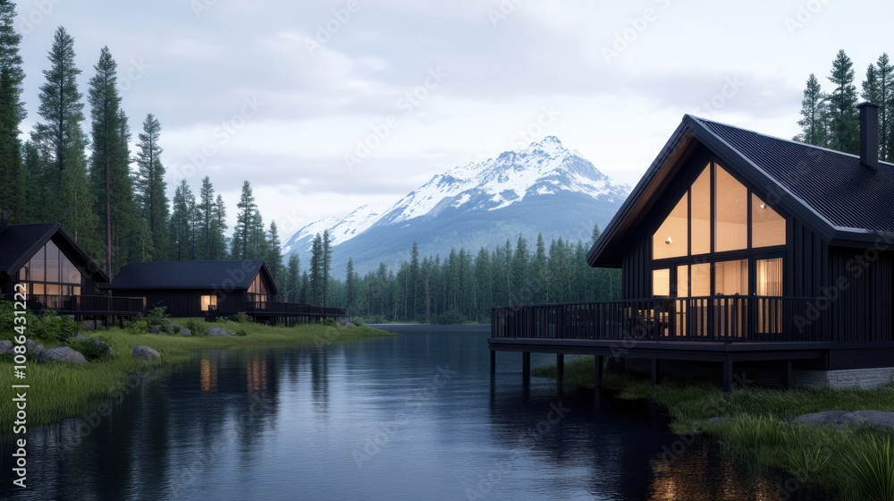 Fototapeta premium Scenic lakeside cabins with mountains and pine trees in the background.
