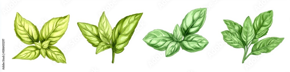 Fototapeta premium The image features a series of four botanical illustrations of leaves, showcasing various shades of green and leaf shapes, highlighting the beauty of nature.