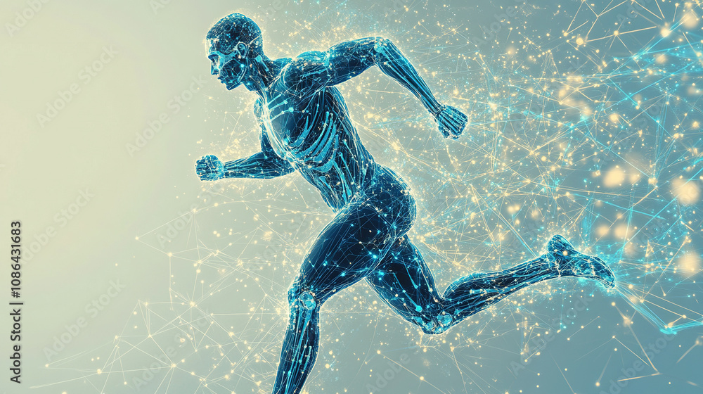 Naklejka premium The vector illustration features a digital running man in motion, set against a futuristic technological blue background.