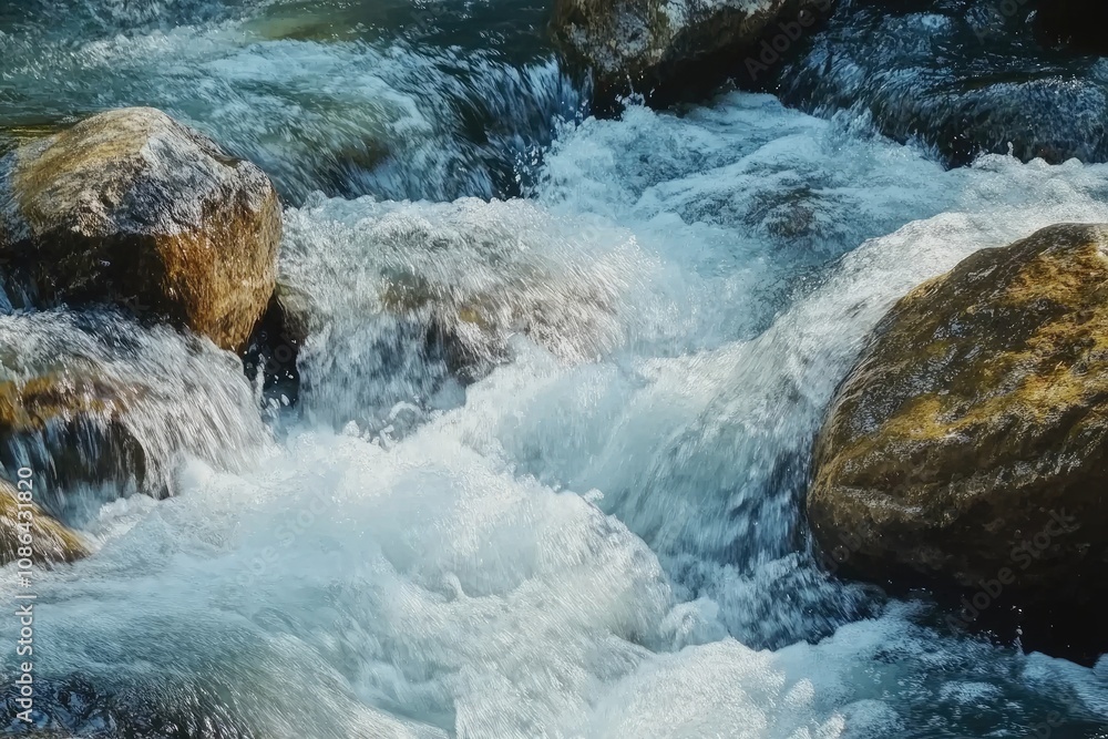 Fast-Moving Water in a Mountain Stream Surrounding Rocks Fast-Moving Water in a Mountain Stream Surrounding Rocks