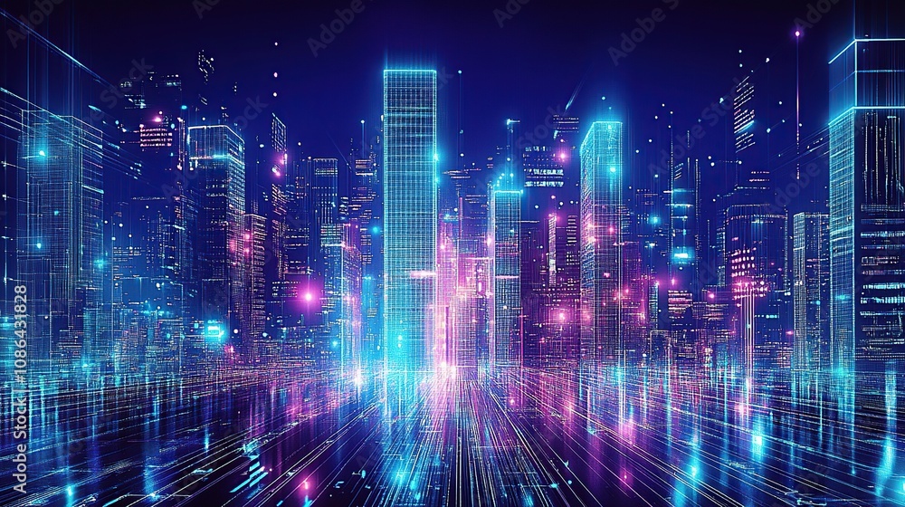 A futuristic cityscape with neon lights and holographic digital art, representing the era of new technology in urban development A futuristic cityscape with neon lights and holographic digital art, representing the era of new technology in urban development
