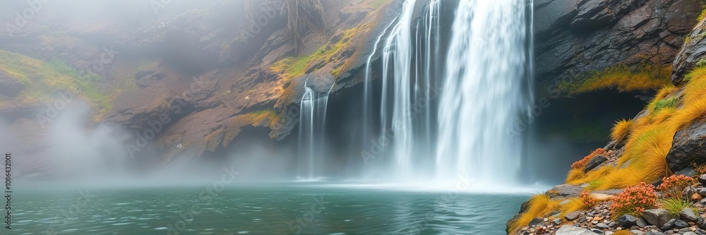 Misty waterfall cascading down a rocky slope into a pool, breathtaking scenery, serene landscape Misty waterfall cascading down a rocky slope into a pool, breathtaking scenery, serene landscape