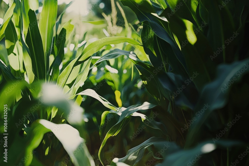 Obraz premium Lush Green Cornfield with Sunlight Filtering Through Tall Stalks, Capturing the Essence of Summer and Agricultural Growth in Nature's Vibrant Palette