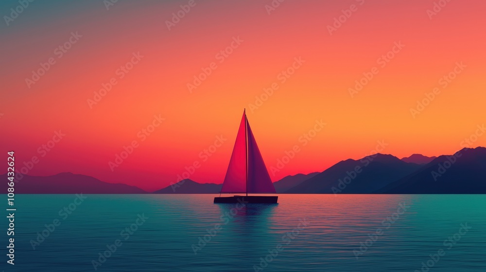 Fototapeta premium Serene Sunset Sailboat Ocean Mountains Calm Waters Pink Sky