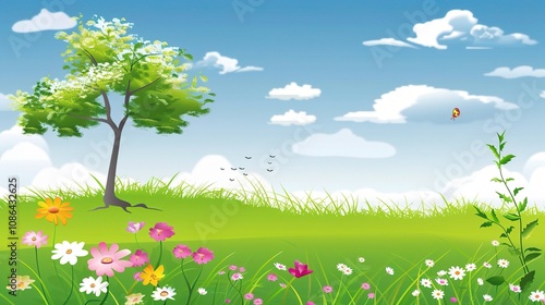 Cartoon Nature Background - A Whimsical World of Colorful and Playful Elements. The Cartoonish Trees with Big, Cheerful Leaves, and the Fluffy Clouds Floating Above