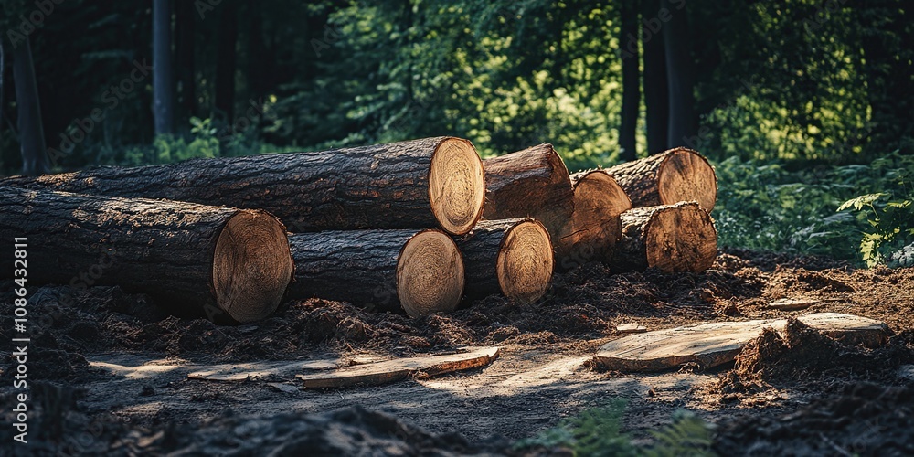 Forest Logging: Stack of freshly cut tree trunks in a sun-dappled forest clearing. The logs are resting on the ground, ready for transport. Forest Logging: Stack of freshly cut tree trunks in a sun-dappled forest clearing. The logs are resting on the ground, ready for transport.