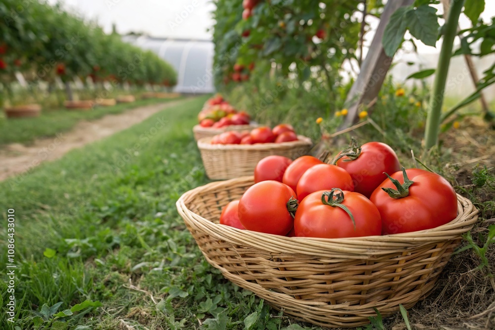 Row of ripe tomatoes arranged on a wicker basket in the garden, garden bounty, sun ripened tomatoes, farm fresh fruits Row of ripe tomatoes arranged on a wicker basket in the garden, garden bounty, sun ripened tomatoes, farm fresh fruits