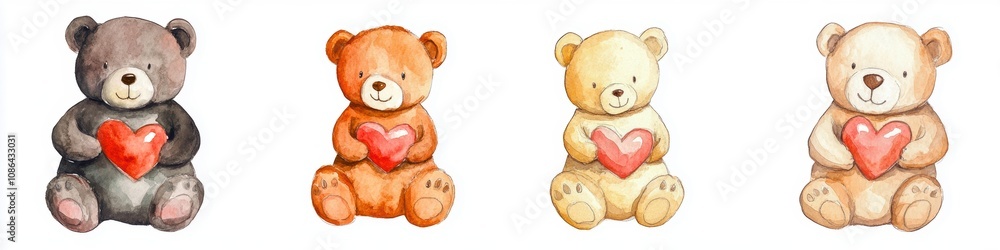 Fototapeta premium A charming illustration of four teddy bears, each holding a heart, showcasing different colors and expressions of love and affection.
