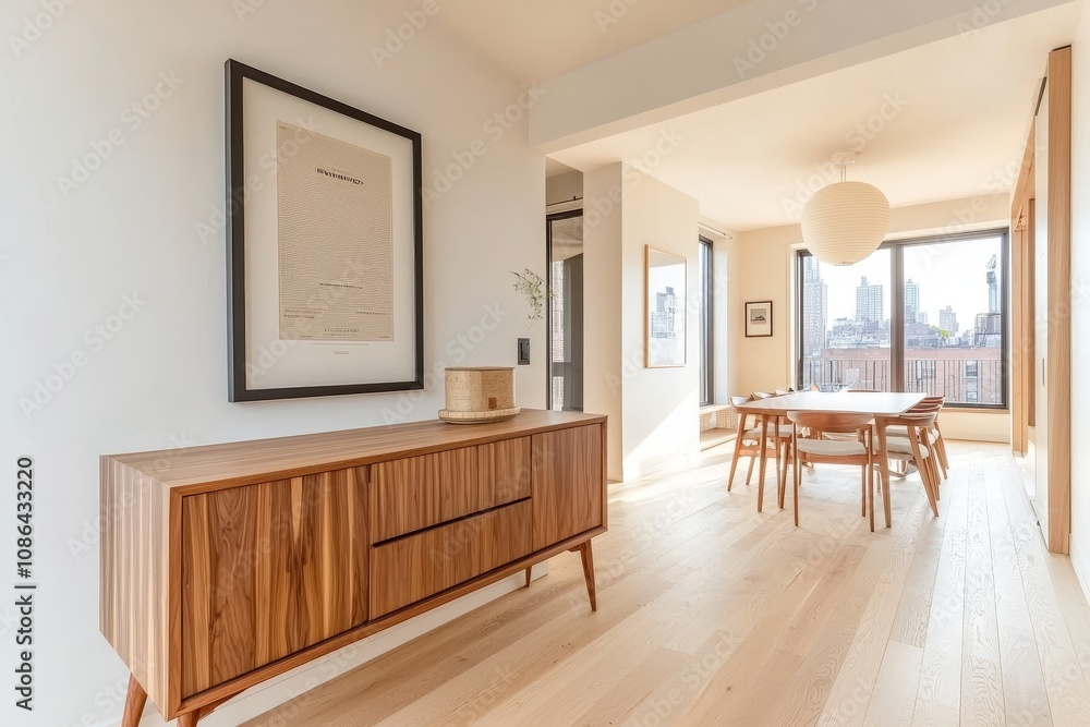 Modern dining room interior with wooden furniture, large windows, and city view. Modern dining room interior with wooden furniture, large windows, and city view.
