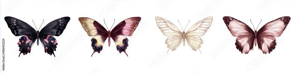 Fototapeta premium A collection of four beautifully illustrated butterflies, showcasing various colors and intricate patterns on their wings.