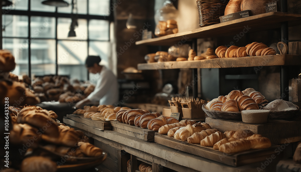 Rustic Bakery with Sourdough and Pastries on Wooden Shelves Rustic Bakery with Sourdough and Pastries on Wooden Shelves