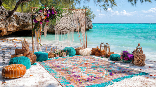 beautiful beach wedding ceremony setup featuring vibrant decor, including macrame backdrop, colorful cushions, and floral arrangements, all set against stunning ocean view