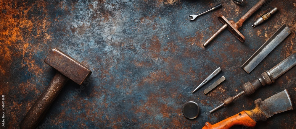 Metalworking tools like an anvil, hammer, and files, arranged in a workshop with a steel backdrop Metalworking tools like an anvil, hammer, and files, arranged in a workshop with a steel backdrop