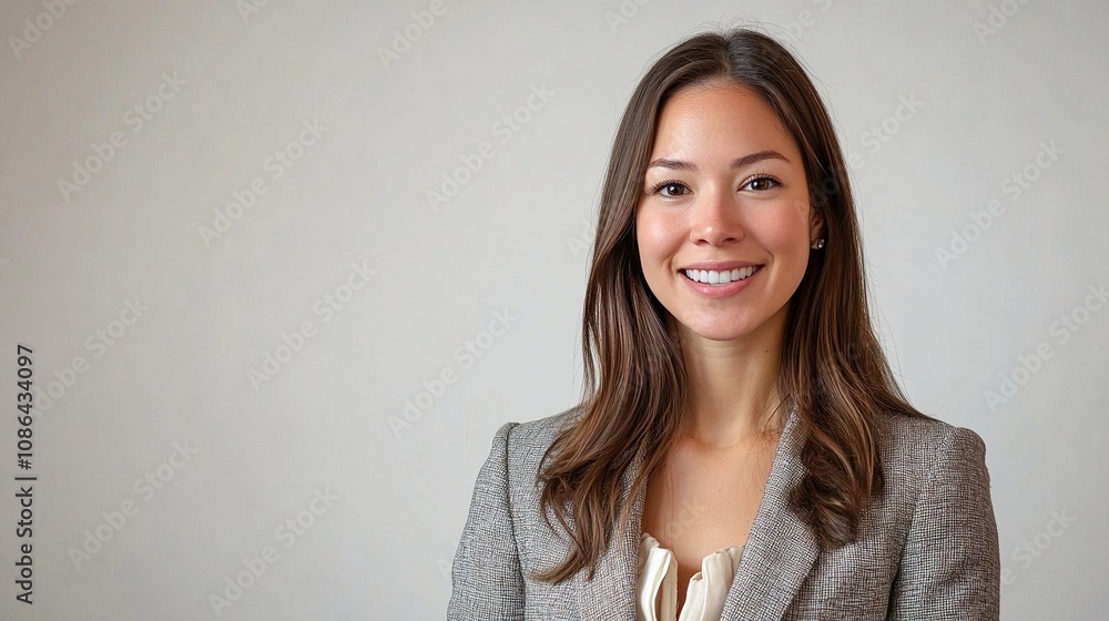 Confident Young Professional Woman in Blazer Posing for Photo, Beautiful Smile and Engaging Expression in Modern Business Setting Confident Young Professional Woman in Blazer Posing for Photo, Beautiful Smile and Engaging Expression in Modern Business Setting