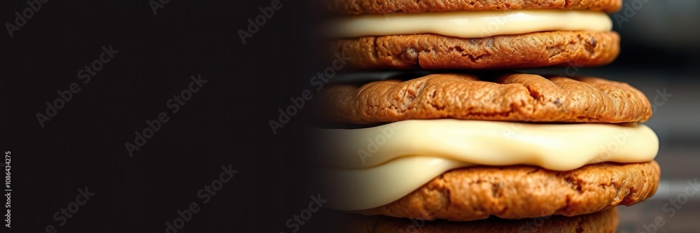 Velvety creamy filling peeking through the cracks of the stacked cookies, foodie delight, creamy, treats Velvety creamy filling peeking through the cracks of the stacked cookies, foodie delight, creamy, treats