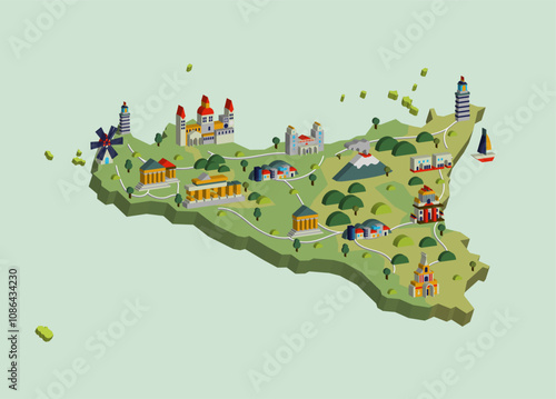 isometric infographic map design of Sicily island