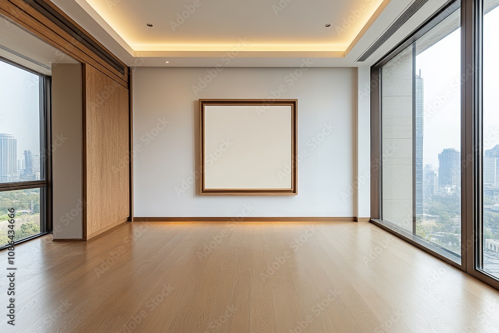 A large, empty room with hardwood floors, a large picture frame on the wall, and floor to ceiling windows with a city view. A large, empty room with hardwood floors, a large picture frame on the wall, and floor to ceiling windows with a city view.