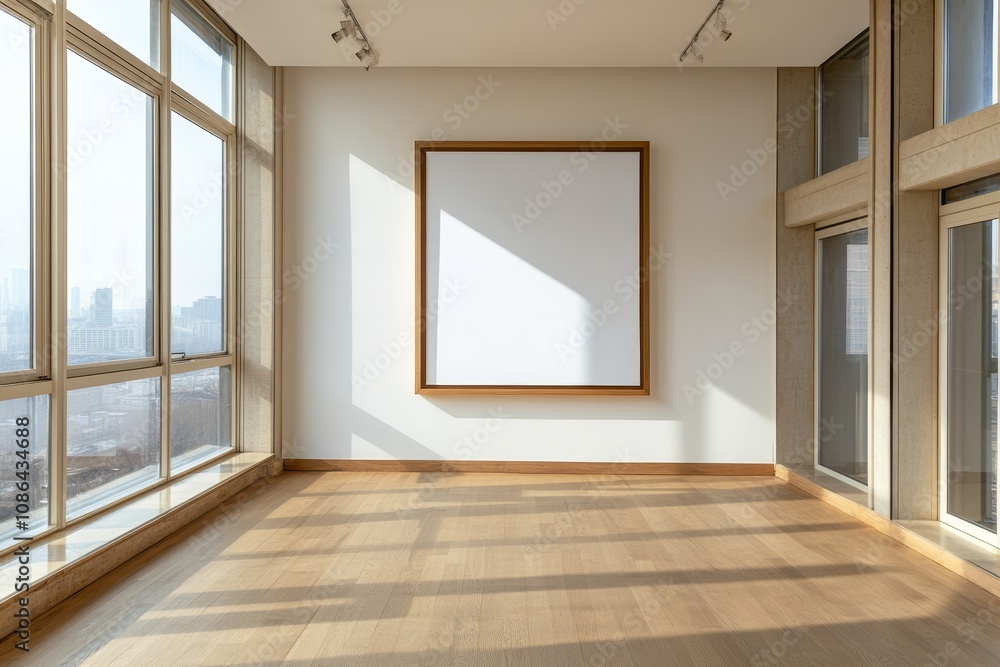 An empty room with large windows overlooking a cityscape. The room has hardwood floors and a large framed canvas on the wall, perfect for displaying artwork or a company logo. An empty room with large windows overlooking a cityscape. The room has hardwood floors and a large framed canvas on the wall, perfect for displaying artwork or a company logo.