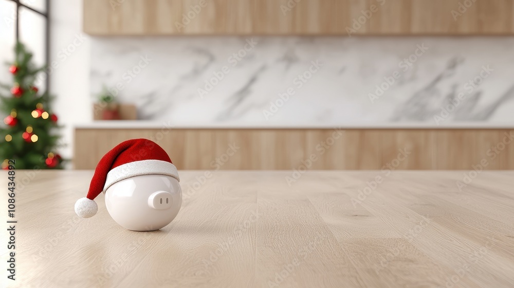 Fototapeta premium Festive Piggy Bank in Santa Hat on Wooden Table Christmas Savings