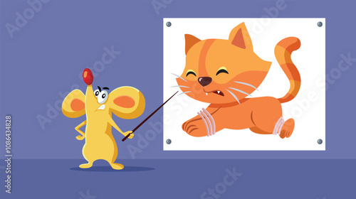Mouse Having a Plan Catching the Cat Vector Cartoon Illustration. Lear of rat population presenting his idea of defeating their enemy
