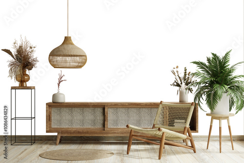Fototapeta Naklejka Na Ścianę i Meble -  Living room with a wooden coffee cabinet, a chair, and a potted plant on transparent background- 3D rendering