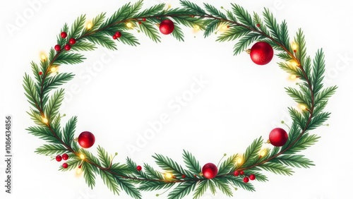 Christmas Festive oval wreath of evergreen branches adorned with red ornaments, berries, and warm string lights on white background. Holiday Xmas seasonal decor with copy space.