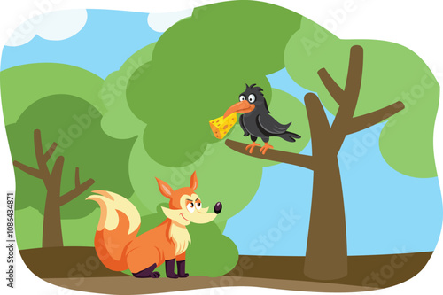 Fox and the Raven Fable Vector Cartoon Illustration. Classical fable tale of a bird deceived by a clever animal 
