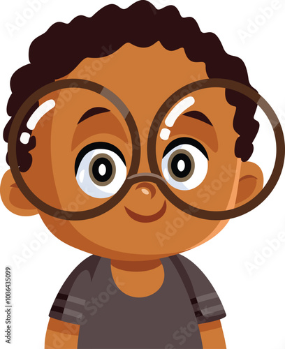 Cheerful Baby of Black Ethnicity Wearing Eyeglasses Vector Illustration. Infant needing glasses at an early age for hyperopia 
