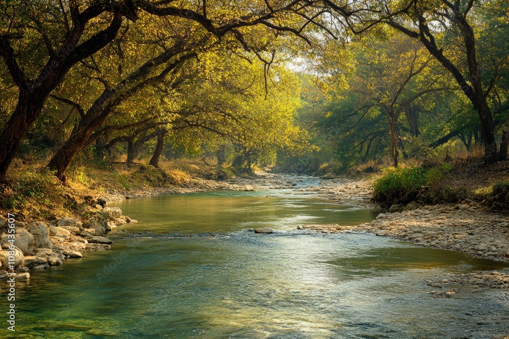 Tranquil River Flowing Through a Dense Forest Canopy Tranquil River Flowing Through a Dense Forest Canopy