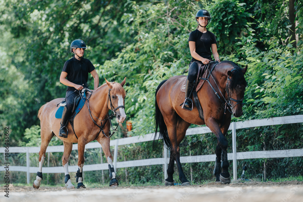 Two horseback riders in black attire navigate their horses through a lush, green forest on a sunny day, enjoying the outdoor ride Two horseback riders in black attire navigate their horses through a lush, green forest on a sunny day, enjoying the outdoor ride