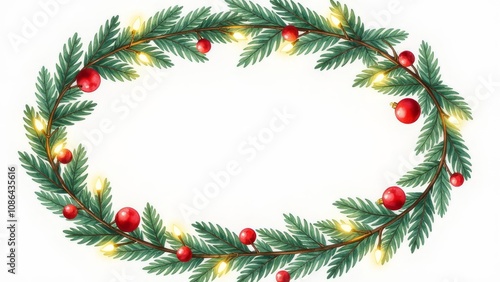 Christmas elegant oval wreath made of evergreen branches is decorated with red ornaments, berries, and soft, glowing string lights on white background. Cheerful, festive holiday decor with copy space.
