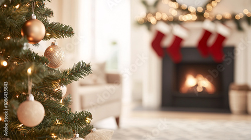 A close-up view of a lush Christmas tree decked with intricate ornaments and glowing lights, positioned in a charming living room. A warm fireplace crackles in the background, with stockings and
