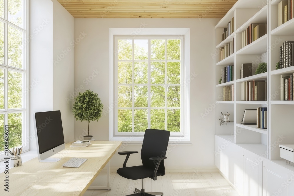 A minimalist home office with a desk, chair, computer, and bookshelves. The room has large windows with a view of trees outside. A minimalist home office with a desk, chair, computer, and bookshelves. The room has large windows with a view of trees outside.