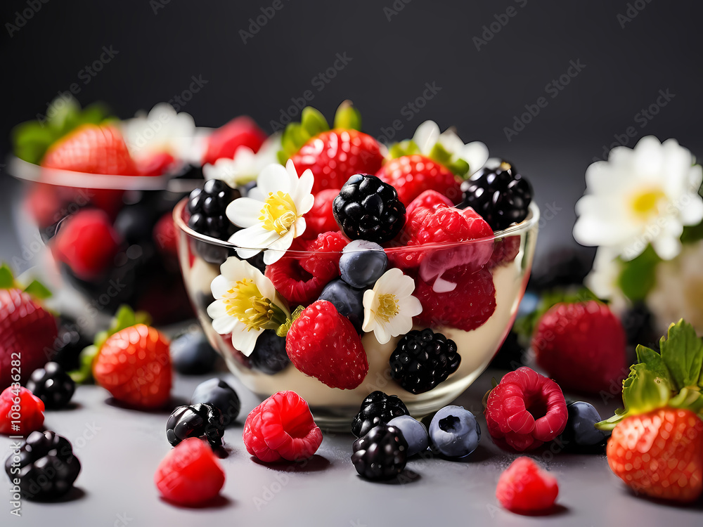 A lots of Fresh strawberries, blackberries, raspberries, blueberries of different colours, are laying and positioned differently, a few white vanilla flowers. Composition is bright, and appetising A lots of Fresh strawberries, blackberries, raspberries, blueberries of different colours, are laying and positioned differently, a few white vanilla flowers. Composition is bright, and appetising