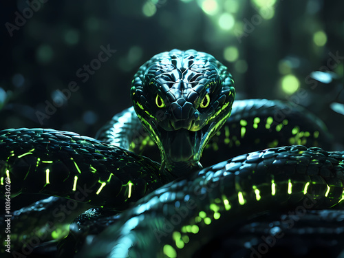 a high-contrast, cinematic photograph of a serpent-like Cobra AI entity emerging from a densely packed forest, where every element, from the snake's scaly body to the forest's twisted branches