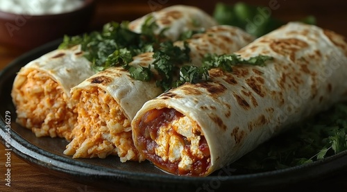 Three delicious chicken burritos, one cut open to show filling, garnished with cilantro, served on a dark plate.