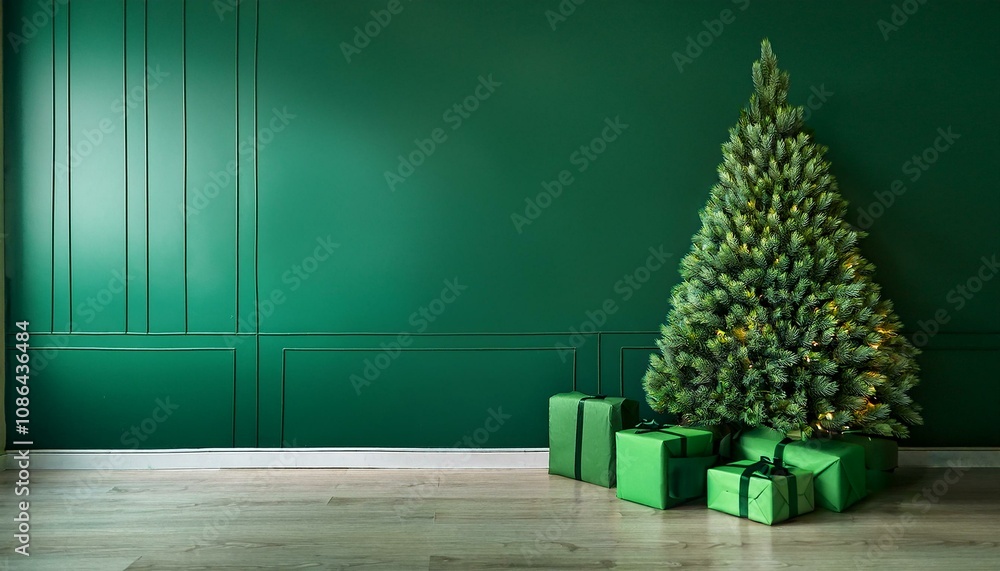 Indoor photo of realistic green Christmas tree with some blinkers and green wrapped gifts under the tree on a green empty room, all same tone of green at left side with empty background. Indoor photo of realistic green Christmas tree with some blinkers and green wrapped gifts under the tree on a green empty room, all same tone of green at left side with empty background.