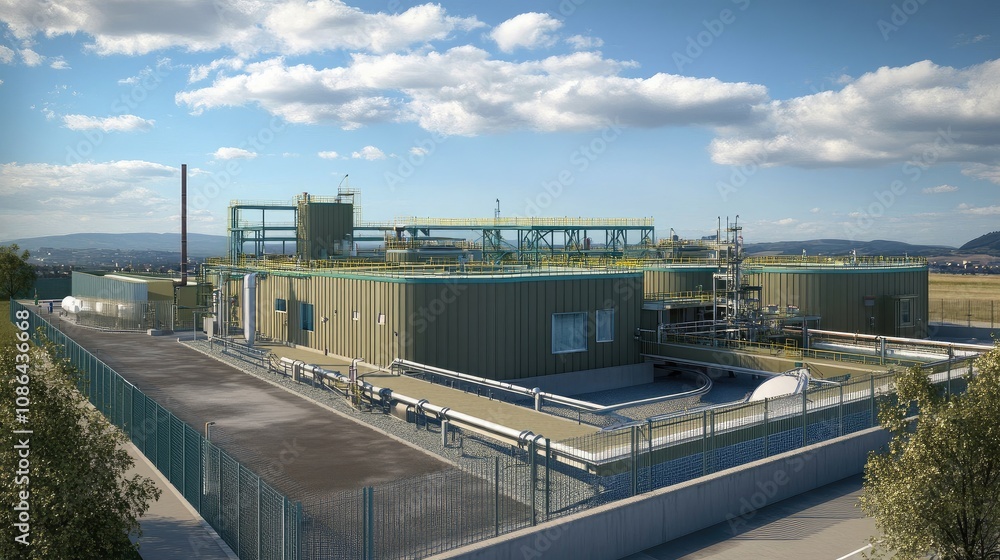Advanced wastewater treatment plant with clear skies, representing commitment to environmental health Advanced wastewater treatment plant with clear skies, representing commitment to environmental health