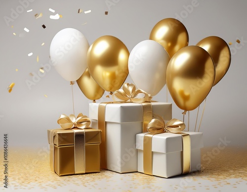 Picture of a gold and white gift box with balloons for New Year's decoration, Generative AI