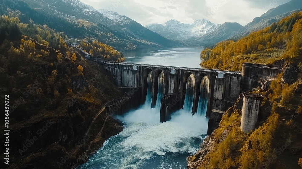 Aerial view of powerful water flow through dam turbines, surrounded by beautiful mountain scenery Aerial view of powerful water flow through dam turbines, surrounded by beautiful mountain scenery